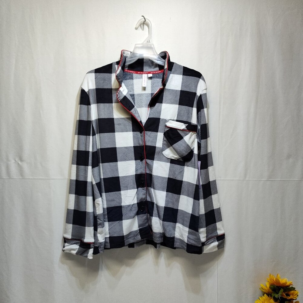 Joyspun Notch Collar Pajama Top Black & White Plaid Women's Large (12-14) NWT